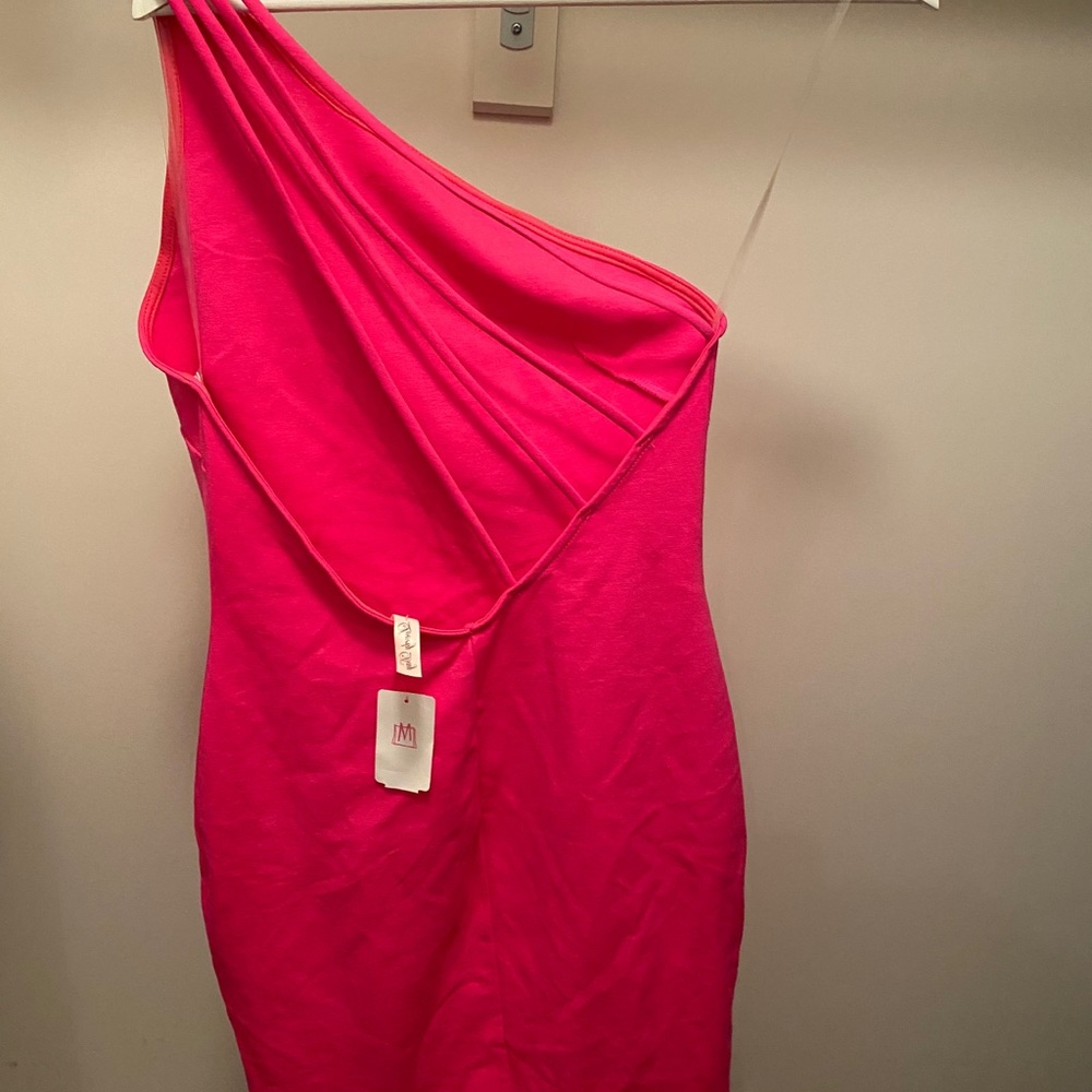 One shoulder hot pink dress with an open back